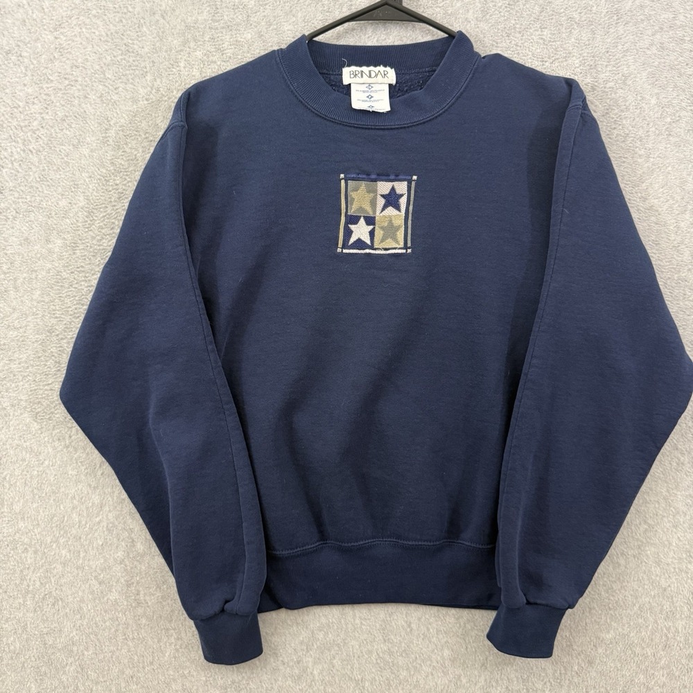 Vintage 90s BRINDAR Star Embroidered Crewneck Sweatshirt USA Navy